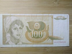 Jugoszlávia,  100, száz Dinár 1990