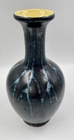 Ritka Tófej Kerámia Váza - Sötétkék - Fehér, Belseje Sárga