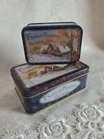 Bájos vintage karácsonyi tájképes egymásba rakható ajándék fémdoboz szett ünnepi csomagoláshoz