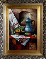 Alim Adilov: Csendélet ezüst kancsóval - kerettel 66x51 cm - alkotás: 50x35cm - AA025/880