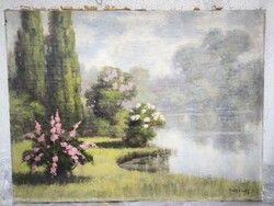 Képszalon címke! Gyönyörű kastély park viràgok tàjkép, tóval park ,gyönyörű Jakab  kàroly. 75 X 100