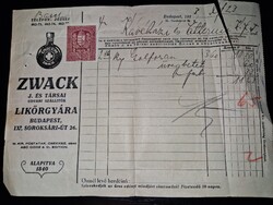 1933, ZWACK unicum számla céglyukasztásos illetékbélyeggel, ritka
