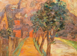 Falusi utca fasorral, 1920 (olajfestmény) Deutsch József alkotása