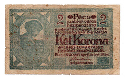 Pécs város Házipénztár 2 Korona pénztárjegy 1920 VG szükségpénz