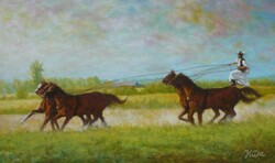 Pusztaötös. Bugac  * Nívós olajfestmény. 30x50 cm * Hüse J. * Jegyzett *