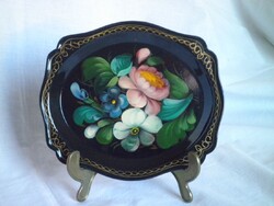 Régi kézzel festett gyönyörű zománcozott Orosz fém tálca