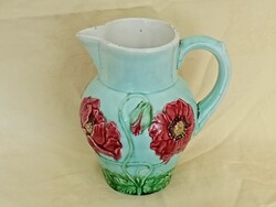 Körmöcbányai kancsó kiöntő 18cm régi majolika domborműves pipacs minta