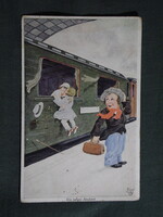 Képeslap,Primus,Bert grafika,művészet,vasútállomás,Hosszú búcsú,vicc,humor,1910-