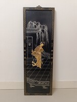 Antik kínai japán gésa dombor zsírkő gyöngyház berakásos festett fekete lakk kép 363 5861