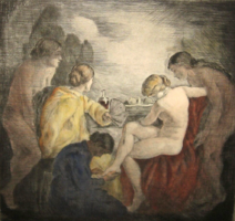 TAVASZI AKCIÓ! GYÖNYÖRŰ IVÁNYI GRÜNWALD BÉLA  / 1867-1940 / : FÜRDŐ AKT ,  SZÍNEZETT RÉZKARC