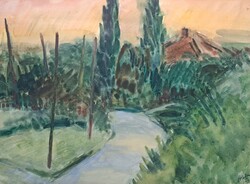 Blahos Rudolf: Hegyi út (keretezett festmény) Tájkép fákkal - Rudnay Gyula tanítványa