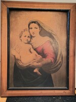 Régi, 50x65 cm-es fanyomat/festmény nyomat, Raffaello Sixtusi Madonna