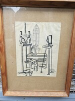 Mersits Piroska Ritka grafika,tusrajz!