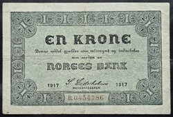 Ritka! Norvégia 1 Krone / Korona 1917, F+.