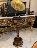 Működőképes, díszes aranykürtős állványos gramofon – antik stílusú különlegesség