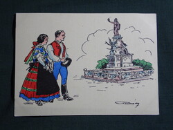 Képeslap,irredenta,grafikai,Arad,Vértanu szobor,népviselet,1940-