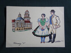 Képeslap,irredenta,grafikai,Zenta,Városháza,népviselet,1940-