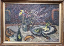 Baranyó Sándor (Szolnok 1920 - 2001): Asztali csendélet, hátoldalán tanya