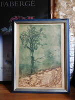 Almásy Aladár színes rézkarc keretben - Magányos fa