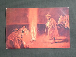 Képeslap,Hortobágy,Pásztortűz,Benyovszky festmény,1940-