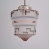 Art deco - Streamline nikkelezett mennyezeti lámpa felújítva - spriztdekoros tejüveg búra