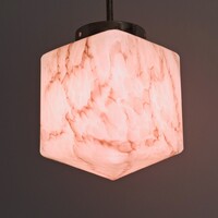 Art deco - Bauhaus nikkelezett mennyezeti lámpa felújítva - márványozott rózsaszín "kocka" búra