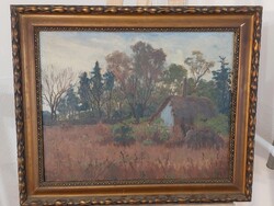 Oláh István (Senyei?) kis házikó festmény  61x52 cm kerettel, hátulján cimke.