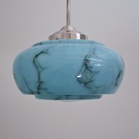 Art deco nikkelezett mennyezeti lámpa felújítva - márványozott kék búra