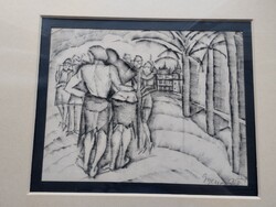 Gyenes Gitta (1888 - 1960): Promenád, szénrajz 1920-30 körül,grafika