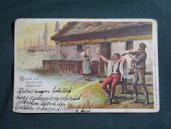 Képeslap,nótás,dalos,falusi életkép,kocsma,hegedűs cigány,népviselet,Neuber Ráfael Bécs kiadás,1900-