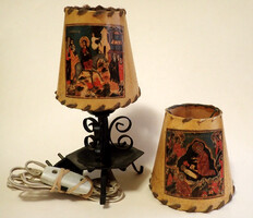 Régi vintage működő jelzett orosz kovácsoltvas asztali lámpa ortodox pergamen lámpaernyő lámpabúra