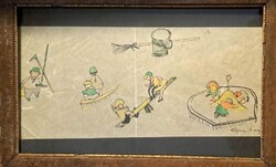 Róna Emmy: Gyerekjelenetek – eredeti kézi rajz, akvarelles színezéssel, keretezve