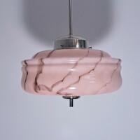 Art deco nikkelezett mennyezeti lámpa - márványozott rózsaszín búra