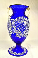 XX. sz. első fele PARÁD ! RITKA NAGY MÉRETŰ CSIPKE MINTÁS FESTÉSŰ , FÜLES KÉK ÜVEG VÁZA