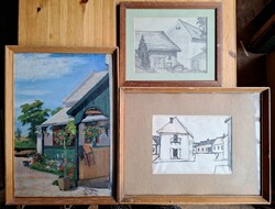 3 DB UTCAKÉP EGYBEN, ALKALMI ÁRON! Parasztház udvara (olaj) + Tokaji utca 1967 + Házak (ceruzarajz)