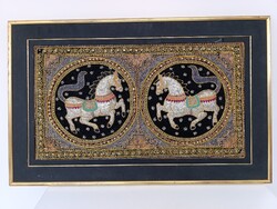 Antik ázsiai domborított hímzett flitteres gyöngyös kettős kép ló Burma keretben 546 5944