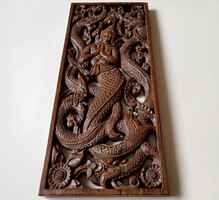 Vintage indonéz balinéz kézzel faragott fa panel faragás relief fából készült fafaragás kézimunka