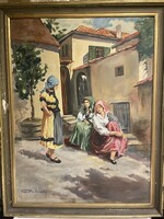 Ház előtt..életkép, gyönyörű színekkel..60x80cm plusz kerete..