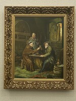 Huszár József : Pincében 40 x 50 olajfestmény (Eduard von Grützner: Régi barátok alkotása nyomán )