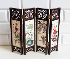 Különleges távol-keleti mini paraván, festett márvány lapokkal, faragott fa keretben Japán / Kínai ?