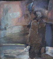 106x96cm Bujdosó Ernő (1944 - ) Dávid c. Képcsarnokos festménye EREDETI GARANCIÁVAL !
