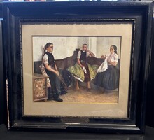 Paczka Ferenc: Magyar Parasztleányok - antik műnyomat, Színezett reprodukció – farost hordozón – ere