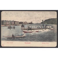 Magyarország,Budapest V. - Duna korzó montázs egy DGT gőzössel és csónakázókkal 1907