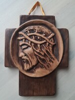 Barna fali kerámia kereszt feszület Jézus Krisztus fej portré töviskoszorúval