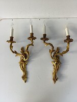 Barokk falikar antik patinás 2 db 2 karú bronzírozott réz fali lámpa 4 új gyertya + 4 db új izzó 321