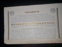 1928, meghívó a sárospataki ipartestület jubileumára