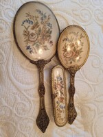 Fésülködő készlet: Hajkefe - ruhakefe - kézitükör díszes kialakitàsú réz