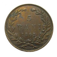 Románia,5 bani 1867 - Heaton EF+ réz