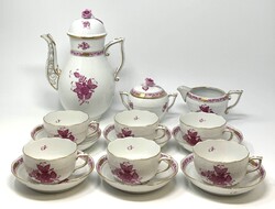 Herendi 6 személyes Apponyi pur-pur mintás 9 darabos porcelán teás szett gyönyörű állapotban RZ