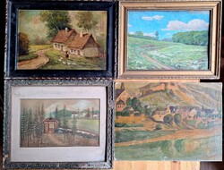 AKCIÓ! 4 DB FESTMÉNY 15 EZERÉRT: Mesterházy Dénes olaj + Pipacsos rét (olaj) + Hütte + Falu látképe